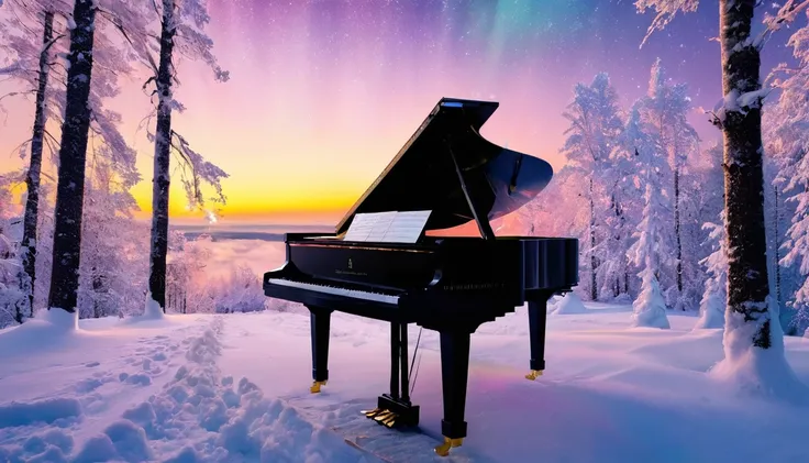 A mysterious and enchanting scene with a single piano under a sky full of aurora borealis. ((A beautiful woman is standing in front of the piano.)) The surrounding area is completely covered with snow and surrounded by silence. The piano is lit up and look...