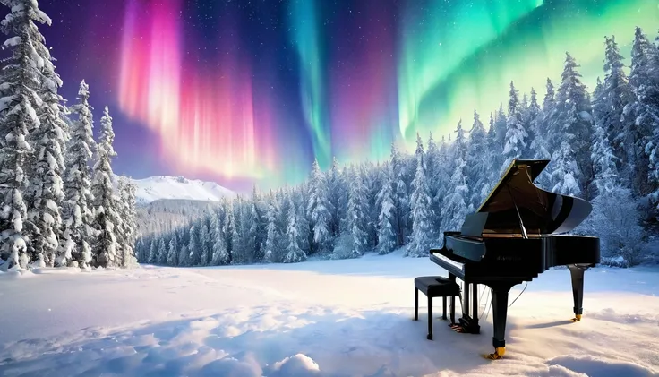 A mysterious and enchanting scene with a single piano under a sky full of aurora borealis. ((A beautiful woman is standing in front of the piano.)) The surrounding area is completely covered with snow and surrounded by silence. The piano is lit up and look...