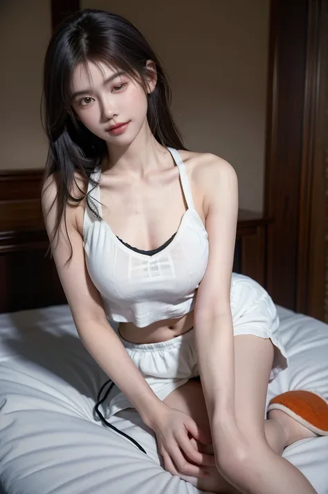 Full Body, photograph of, a 18yo girl sitting on the floor of her bedroom leaning on her bed at (night:1. 2), light from window, wearing loose low cut spaghetti strap pajama shirt, eyes closed, slight smile, masterpiece, UHD, dark, moody.