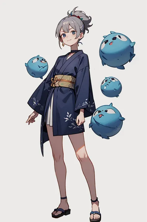 blue yukata、gray hair、mischievous face、choker on neck、big earrings、arms crossed、only the mouth is smiling、straw sandals、choker o...