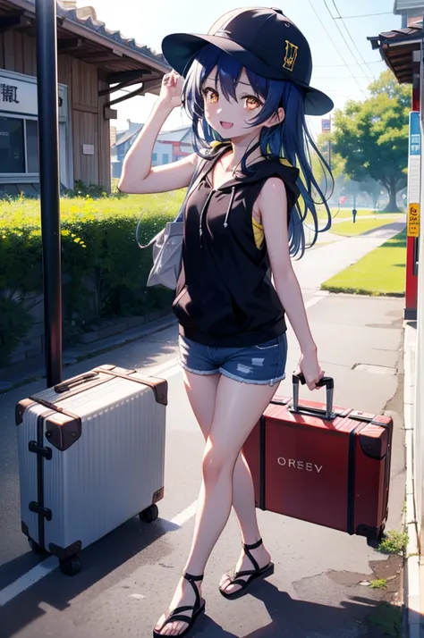  Umi Sonoda, Long Hair, Blue Hair, (Yellow Eyes:1.5) (Flat Chest:1.2),happy smile, smile, Open your mouth,Baseball hats,Sleeveless blue hoodie,Open front,White Tank Top,Shorts,Sandals,Push-type suitcase,Walking,Daytime,Clear skies,True Summer,whole bodyがイラ...