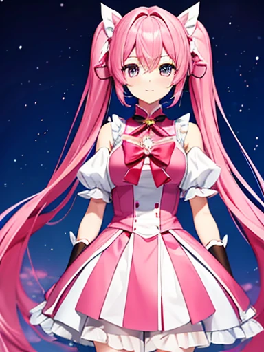 high quality，masterpiece。a cute magical girl with very long pink hair，the hairstyle is long twin tails。she stands upright with h...