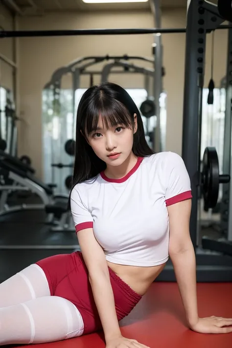 8K、High resolution、masterpiece、Realistic、In detail、Fine texture、Head-to-toe portrait、High Contrast、alone、high school girl、Natural body shape、White skin、Natural Makeup、Black Hair、bangs、Straight Long Hair、((School-designated gym clothes))((The upper body is ...