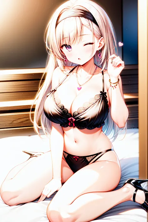 1girl, jewelry, solo, large breast, earrings, looking_at_viewer, long_hair, heart_earrings, hairband, purple_eyes, white_hair, pink_hairband, bangs, ;o, one eyes closed, panties, necklace, collarbone, blush, parted_lips, lingerie, see through, navel, heart...