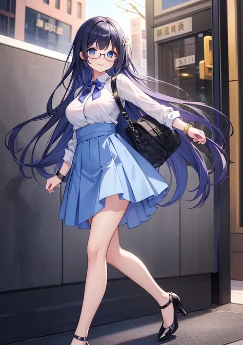 1 female、金色Long hair造型优雅、blue eyes、Workplace outfits，White shirt，Gray hip skirt，Black high heels，Wearing a watch，Carrying a black leather bag，Be confident，Full of aura，best quality、Very detailed、8 resolution、RAW photos、masterpiece、Perfect body、high resolut...