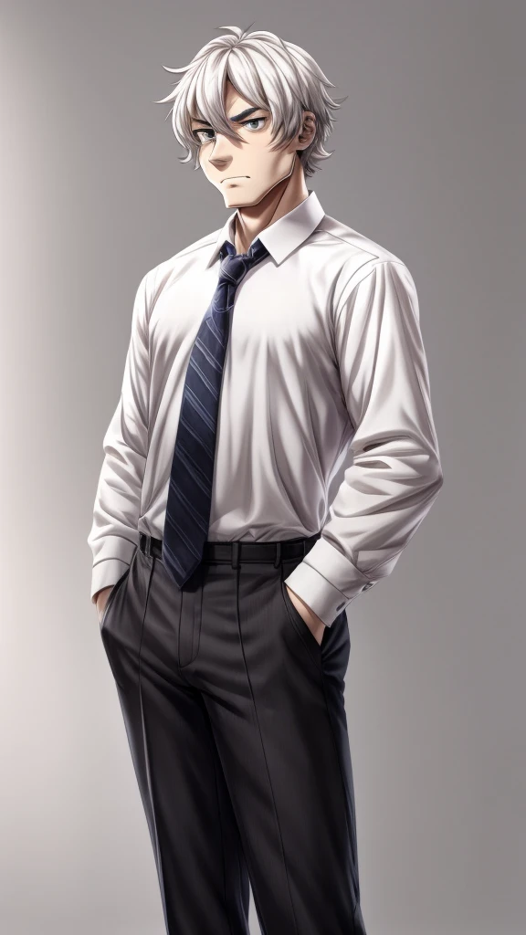 short white hair, grey eyes, mature adult, white shirt with tie, black pants, black shoes, serious, detailed, solo, beautiful, high quality, manhwa style, clear background, 4K