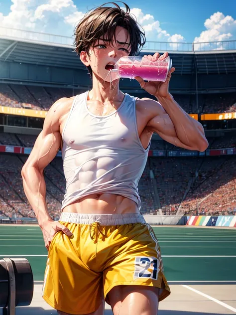 Highest quality,Highest Resolution,A beautiful boy with a crying face running through the stadium,Tank top,Sport hunting,sunny,Open your mouth wide and drool,Tears,Sweat profusely,Abdominal muscles,Muscular,(((Drink a drink)))