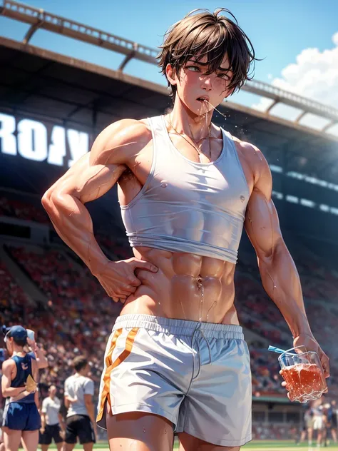 Highest quality,Highest Resolution,A beautiful boy with a crying face running through the stadium,Tank top,Sport hunting,sunny,Open your mouth wide and drool,Tears,Sweat profusely,Abdominal muscles,Muscular,(((Drink a drink)))