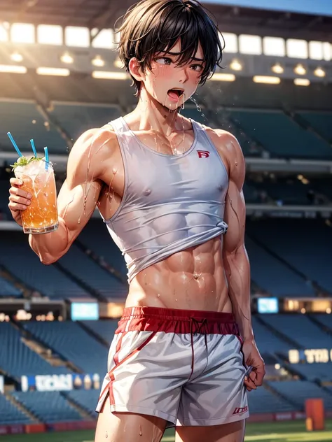 Highest quality,Highest Resolution,A beautiful boy with a crying face running through the stadium,Tank top,Sport hunting,sunny,Open your mouth wide and drool,Tears,Sweat profusely,Abdominal muscles,Muscular,(((Drink a drink)))