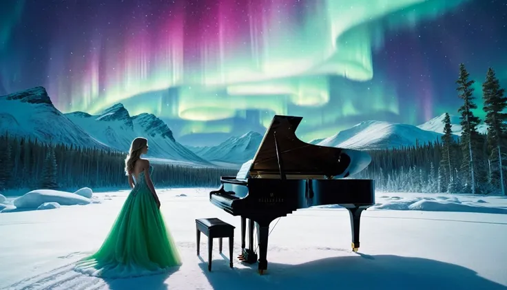 A mysterious and enchanting scene with a single piano under a sky full of aurora borealis. ((A beautiful woman is standing in front of the piano.)) The surrounding area is completely covered with snow and surrounded by silence. The piano is lit up and look...