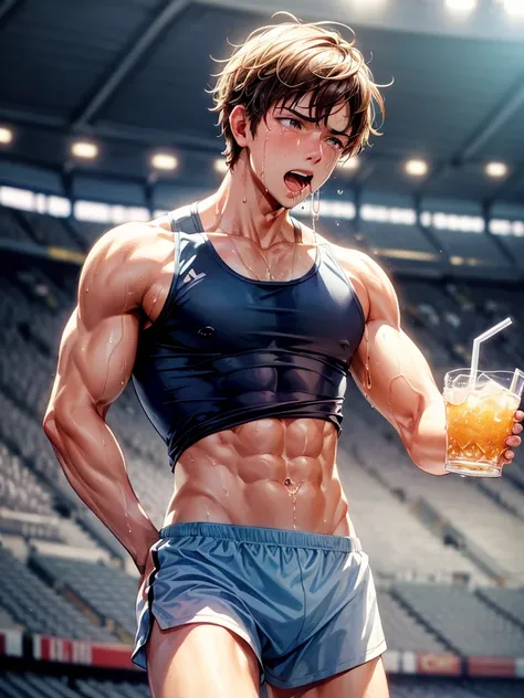 Highest quality,Highest Resolution,A beautiful boy with a crying face running through the stadium,Tank top,Sport hunting,sunny,Open your mouth wide and drool,Tears,Sweat profusely,Abdominal muscles,Muscular,(((Drink a drink)))