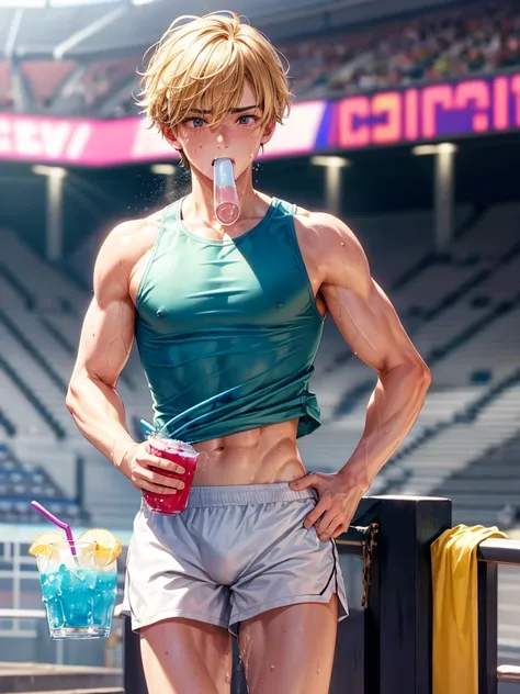 Highest quality,Highest Resolution,A beautiful boy with a crying face running through the stadium,Tank top,Sport hunting,sunny,Open your mouth wide and drool,Tears,Sweat profusely,Abdominal muscles,Muscular,(((Drink a drink)))