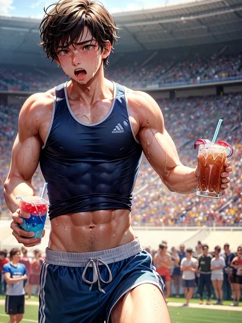 Highest quality,Highest Resolution,A beautiful boy with a crying face running through the stadium,Tank top,Sport hunting,sunny,Open your mouth wide and drool,Tears,Sweat profusely,Abdominal muscles,Muscular,(((Drink a drink)))