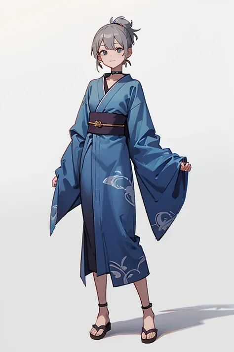 blue yukata、gray hair、mischievous face、choker on neck、big earrings、arms crossed、only the mouth is smiling、straw sandals、choker o...