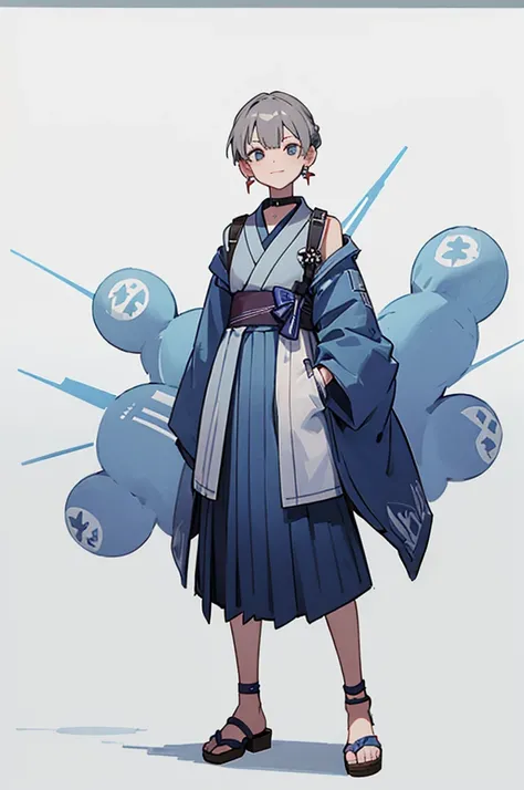 Blue Yukata、Gray Hair、Mischievous face、Choker on neck、Big earrings、Arms crossed、Only the mouth is smiling、Straw sandals、Choker on right leg、Shoulders are out(whole body、Are standing、、White background)