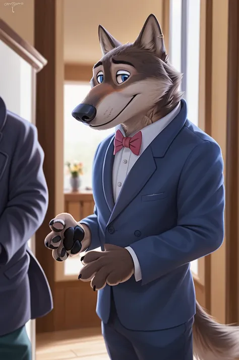 larry (zootopia), wolf, gray fur, (brown body:1.3), beautiful blue eyes, zootopia, dressed,blazer,pink shirt,trousers,the bow ti...