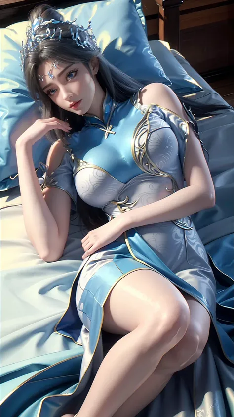 一个女孩lying in bed，dressed in suspender pajamas，face up，raise your legs slightly，front view super detailed beautiful big breasted ...