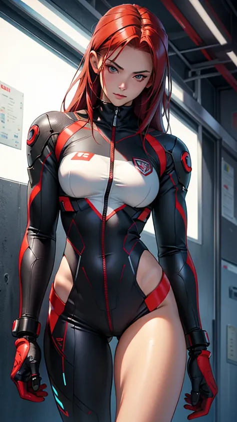 Beautiful cybernetic girl 18years old detailed muscles realistic masterpieces full figure pose (best quality,ultra-detailed), red hair, fair skin, fit body, slim figure, narrow waist, (sultry expression), academy uniform