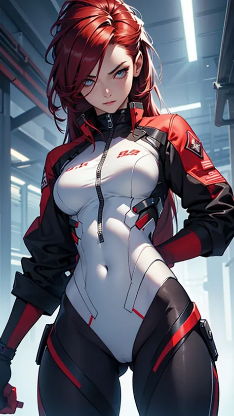 Beautiful cybernetic girl 18years old detailed muscles realistic masterpieces full figure pose (best quality,ultra-detailed), red hair, fair skin, fit body, slim figure, narrow waist, (sultry expression), academy uniform