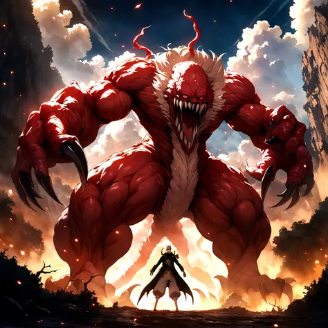 Beastly creature, body made of flesh and muscle, red eyes, large and sharp claws, "Anime features inspired by One Piece, drenched in dramatic and incredible lighting, dramatic lighting, infused with creative details, ultra-fine 2D design, scenery bathed in...