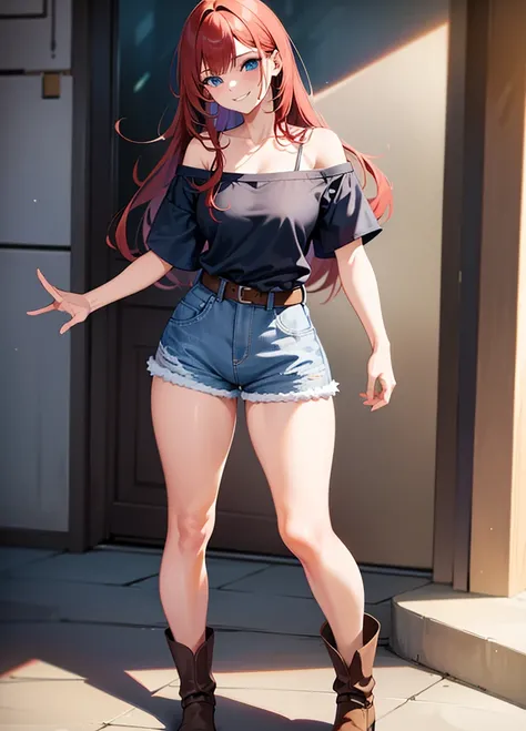 18 year old young girl, long haired redhead with blue eyes, Short white off-the-shoulder shirt, bright blue short jean shorts, serious look, SMILE, smiling, short brown boots with white