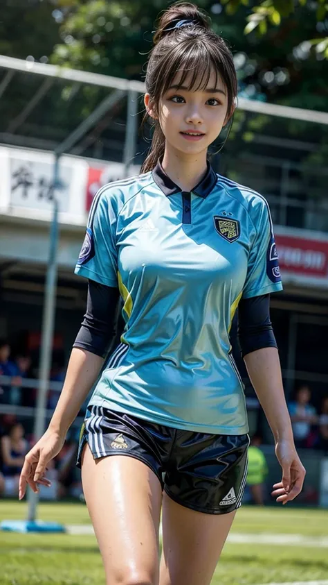 Highest quality, High resolution:1.2, Super detailed, Realistic:1.3, ((Beautiful woman))、((Ultra tight uniform))、Big Breasts、Vibrant colors, play soccer,((blunt bangs))、Has bangs、Wet Hair, Concentration, Splash, Action Shots, Grass blotches, Muddy ground, ...