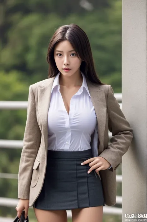 a 17 year old girl, she is the most beautiful actress in the world, the perfect body proportions of this girl, her upper body with its large breasts are 100% covered by shirt under blazer that is buttoned up on her waist, the panties between her bare legs ...