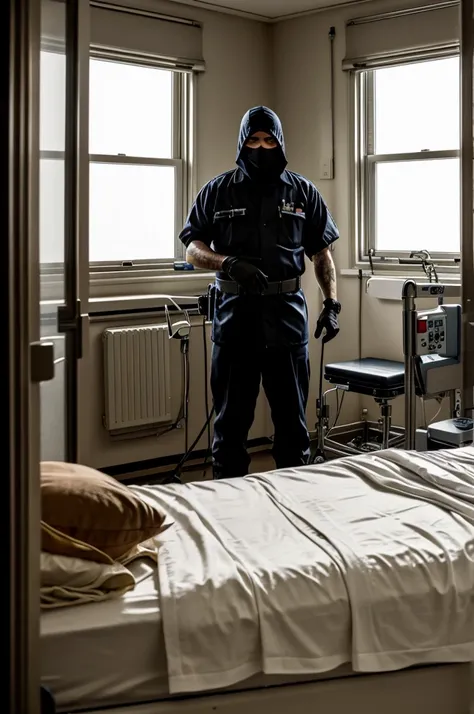 A cover in the style of "Anthrax", featuring a man in a hospital bed having nightmares, while through the window you see a war