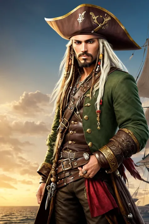 a young man, green eyes, long silver hair, pirate clothing, wide-brimmed hat with red feathers, (best quality,4k,8k,highres,masterpiece:1.2),ultra-detailed,(realistic,photorealistic,photo-realistic:1.37),detailed facial features, intricate pirate outfit, d...