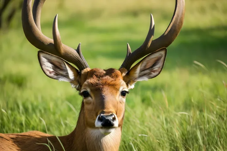 a deer lying in the grass, 两只pointed ears, imperial posture, deer ears, slightly buck teeth, big horn, long pointed ears, deer p...