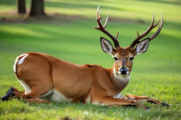 a deer lying in the grass, 两只pointed ears, imperial posture, deer ears, slightly buck teeth, big horn, long pointed ears, deer p...