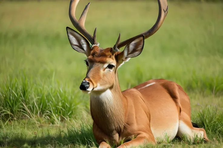 a deer lying in the grass, 两只pointed ears, imperial posture, deer ears, slightly buck teeth, big horn, long pointed ears, deer p...