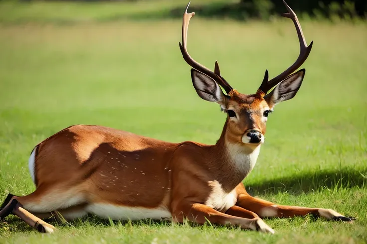 a deer lying in the grass, 两只pointed ears, imperial posture, deer ears, slightly buck teeth, big horn, long pointed ears, deer p...