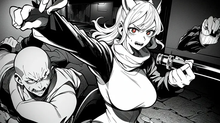 a woman with a scary expression, pointing a katana at a man with evil eyes, manga style, black and white, dynamic and intense sc...