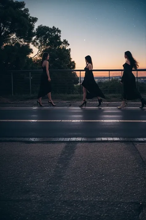 Three pretty, beautiful women in sexy black clothing are walking backwards, disappearing into a beautiful landscape. The scene is melancholic and introspective, with long shots and fade-outs creating a sense of closure. The background is a starry and moonl...