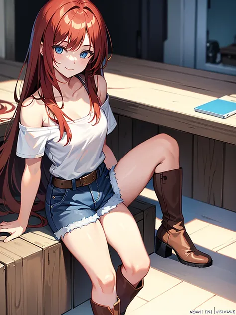 18 year old young girl, long haired redhead with blue eyes, Short white off-the-shoulder shirt, short blue denim shorts, SMILE, smiling, short brown boots with white