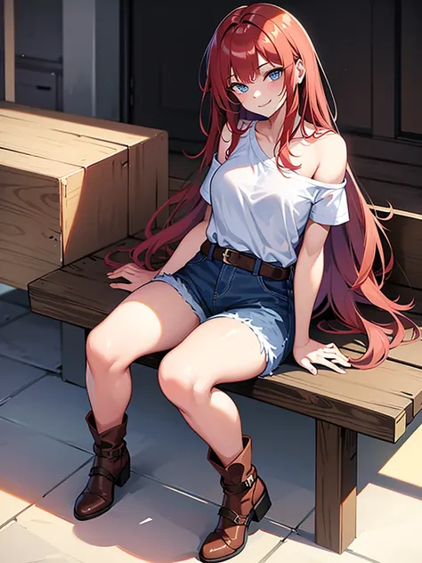 18 year old young girl, long haired redhead with blue eyes, Short white off-the-shoulder shirt, short blue denim shorts, SMILE, smiling, short brown boots with white