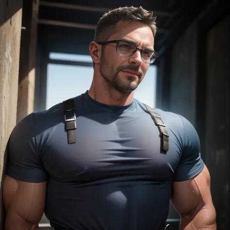 An award-winning original photo，A muscular man, (40 years old daddy:1.3), 1man, Solo, (blue overall), (black T-shirt), (big tool belt), silver hair, musculature, stubbles, Short beard, Beautiful eyes:1.3, ), (Detailed face:1.3), wearing glasses, smiles, (r...