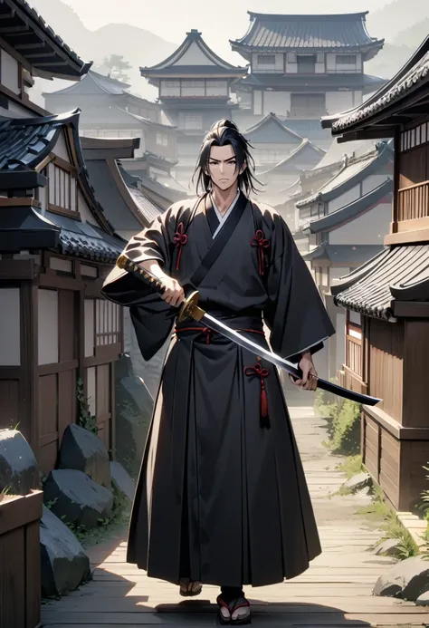 japanese man, swordsmanship, medium black hair, bonitas, intimidating appearance, all black oriental clothes, holding a golden katana, Full HD quality, high qualiy, number of fingers 5, senarium japanese feudal era houses 