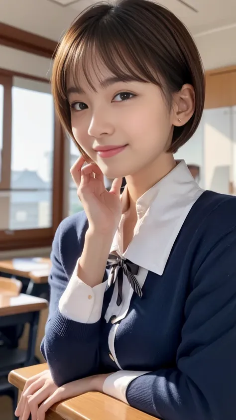 Highest quality,masterpiece:1.3,Ultra-high resolution),(Very detailed,Caustics,8K),(Realistic:1.4,RAW shooting),Wearing a high school uniform、Chinese Girl,smile,18-year-old,Little brown hair color、Chinese eyes、Short Bob Haircut,Looking into the camera,Scho...