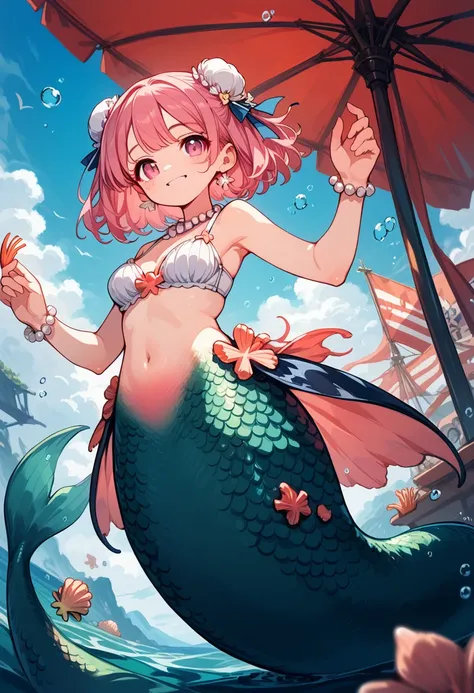 Very detailed, masterpiece, high quality, magically transformed into a mermaid、cute anthropomorphic mouse girl, Fantasy, Race change, smile, Anime Style, (((A long pink mermaid tail below the waistline))), Pink pelvic fin and pink dorsal fin,(((Seashell br...