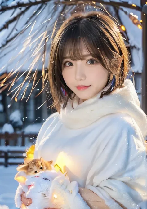 The wind is blowing、歯をみせるsmile、Blue Eyes、Holding a kitten、Photo from the waist up、Night city illumination shot、Cowgirl Shot、Fur coat、豪華なグレーのミンクのFur coat、Wear fine leather boots、Luxury Bags、Inner turtleneck、Silver necklace and small silver earrings Milliona...