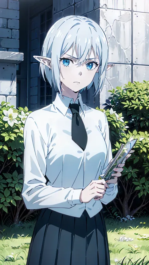 1girl ,solo,20s,mature female,serious face,short hair,elf ears,(grass),shirt,black standard tie,blue blazer,long sleeves, black ...