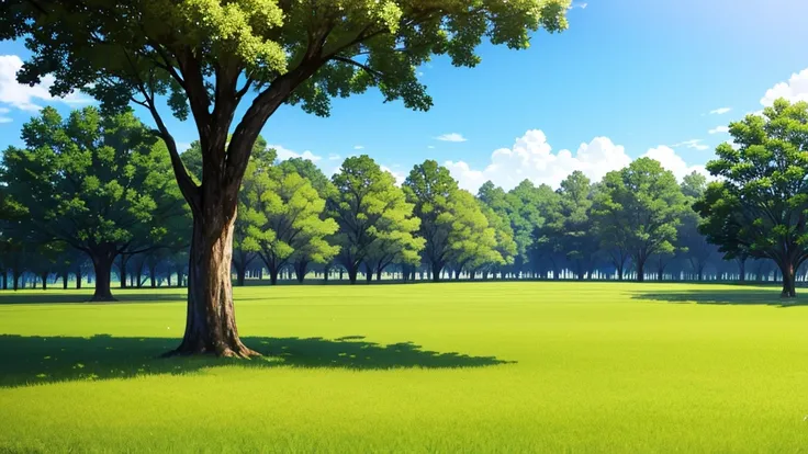 an open field with some trees and a clear sky