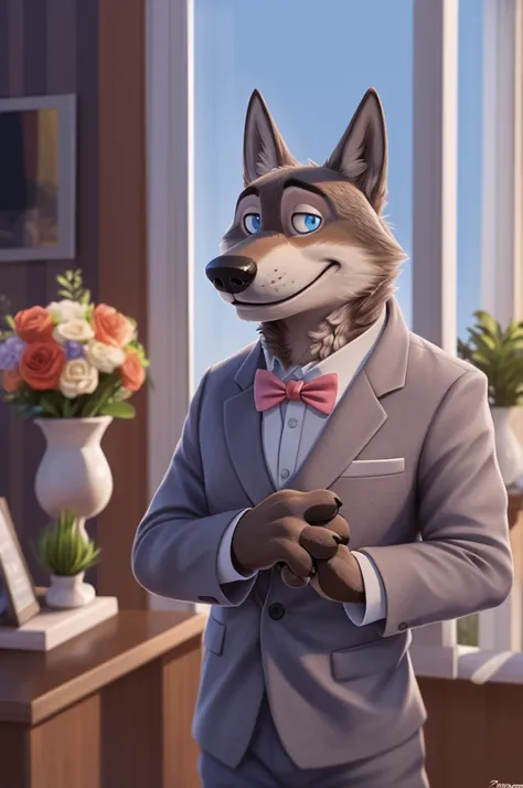 Larry (Zootopia), wolf, Gray Fur, (brown body:1.3), beautiful blue eyes, Zootopia, dressed,white jacket,pink shirt,White pants,the bow tie,canine,wolf, detailed fur, male, second, paw pads, finger claws,одевает the bow tie, Games,At the viewer, 5 fingers, ...