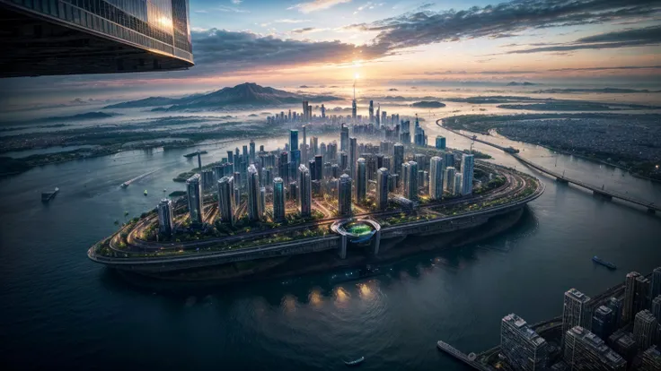 (Best quality,4K,8K,A high resolution,Masterpiece:1.2),Ultra-detailed,(Realistic,Photorealistic,photo-realistic:1.37),Futuristic floating city,Futuristic technology,Huge urban high-tech tablet platform,Airship,Floating in the sky,Futuristic city,Small airs...