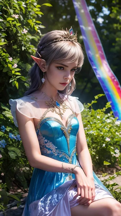 8k, masterpiece, a close up of a young man in a rainbow dress, perfect front body, bare thigh, ((very short spikey hair)), a beautiful fantasy empress, ((rainbow fantasy dress:1.5)), beautiful fantasy maiden, fantasy art style, trending on cgstation, beaut...