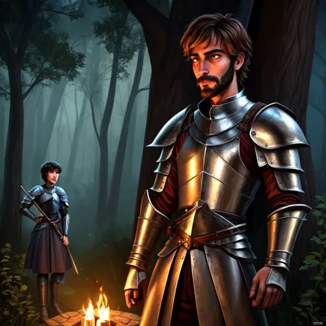 ((best quality)), ((masterpiece)), (detailed), ((perfect face)), a very hairy man, he is very handsome, he is so thin, he has short hair, he is a medieval knight, full armor, he is in the woods, its night time, he is fucking a girl