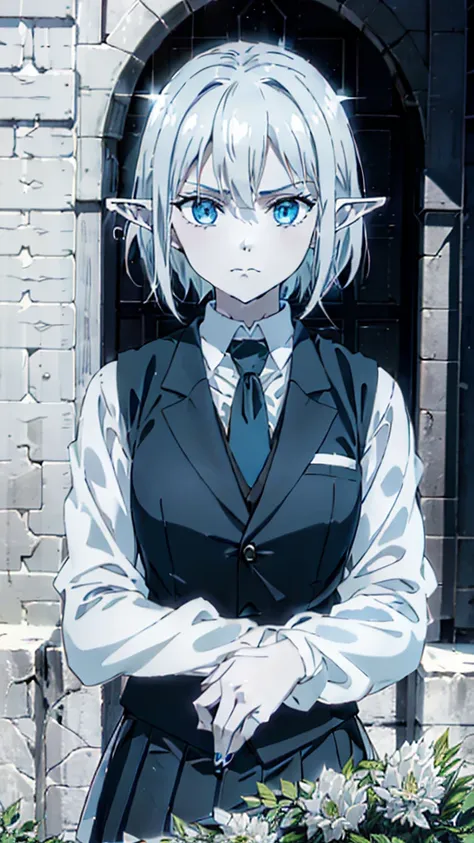 1girl ,solo,20s,mature female,serious face,short hair,elf ears,(grass),shirt,black standard tie,blue blazer,long sleeves, black ...