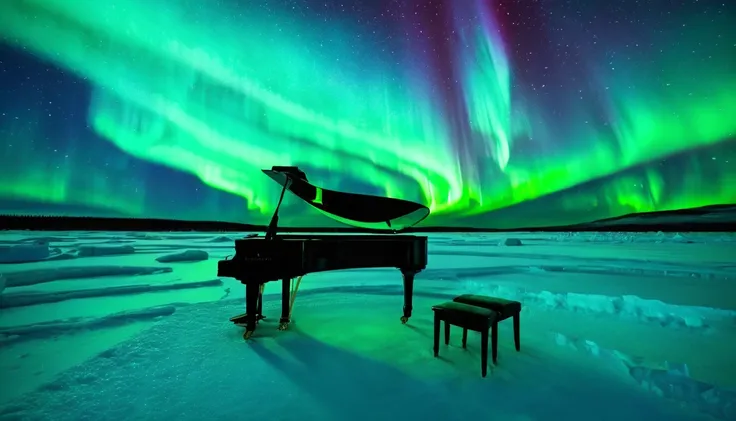 A mysterious and enchanting scene with a single piano under a sky full of aurora borealis. ((A beautiful woman is standing in front of the piano.)) The surrounding ice reflects the view of the sky, and the place is surrounded by silence. The piano is lit u...